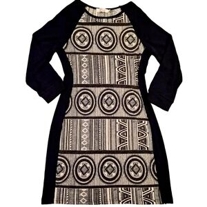 Aryeh Black & White Geometric Print Tunic Dress S Boho Tribal Retro Knit 3/4